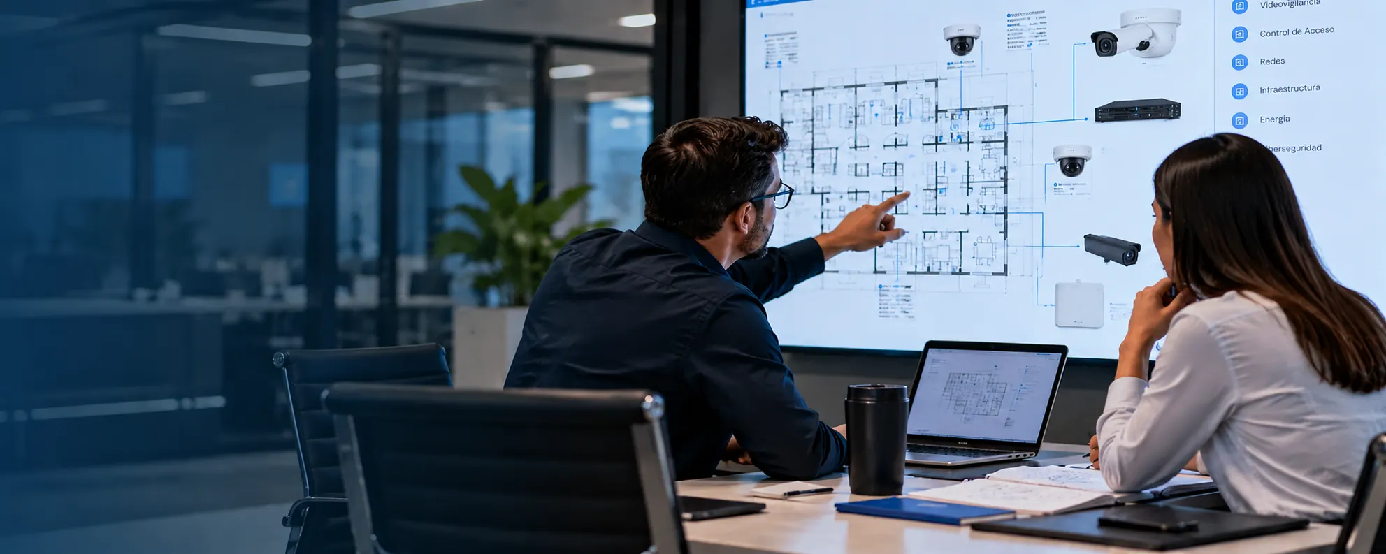 Profesionales revisando el plano de un proyecto tecnológico en una pantalla