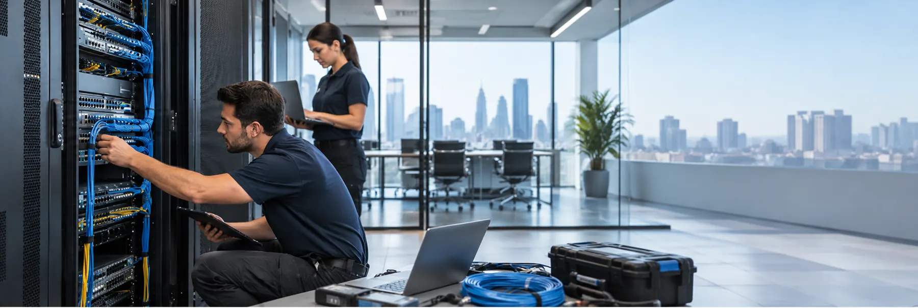 Técnicos trabajando en un rack de comunicaciones dentro de una oficina corporativa