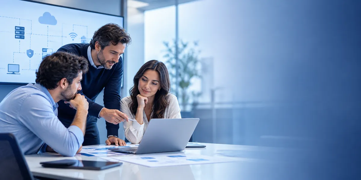 Especialistas revisando un proyecto tecnológico con un cliente