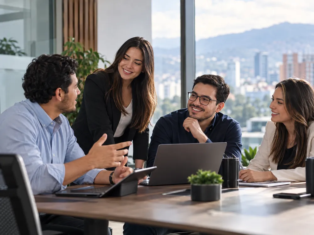 Equipo profesional colaborando en una reunión de trabajo