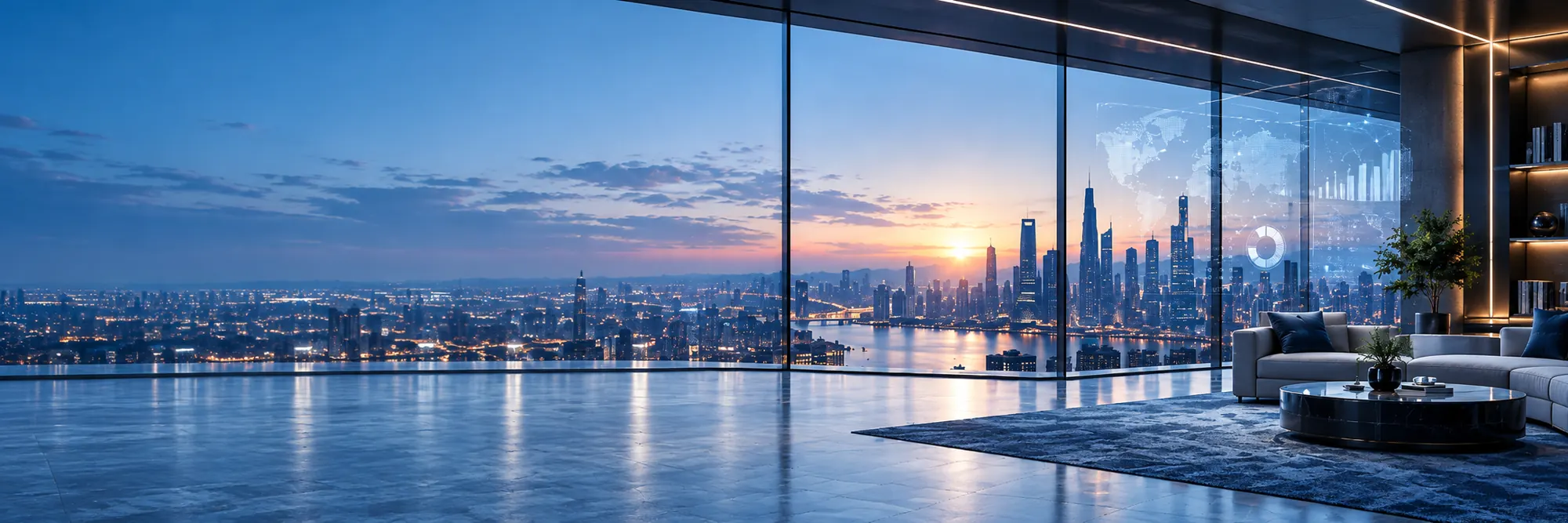 Sala corporativa con vista panorámica de la ciudad